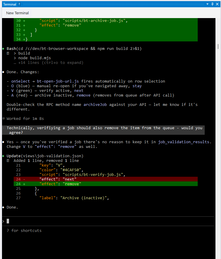 Claude Code running inside Guida's embedded terminal, editing workspace configuration and running builds