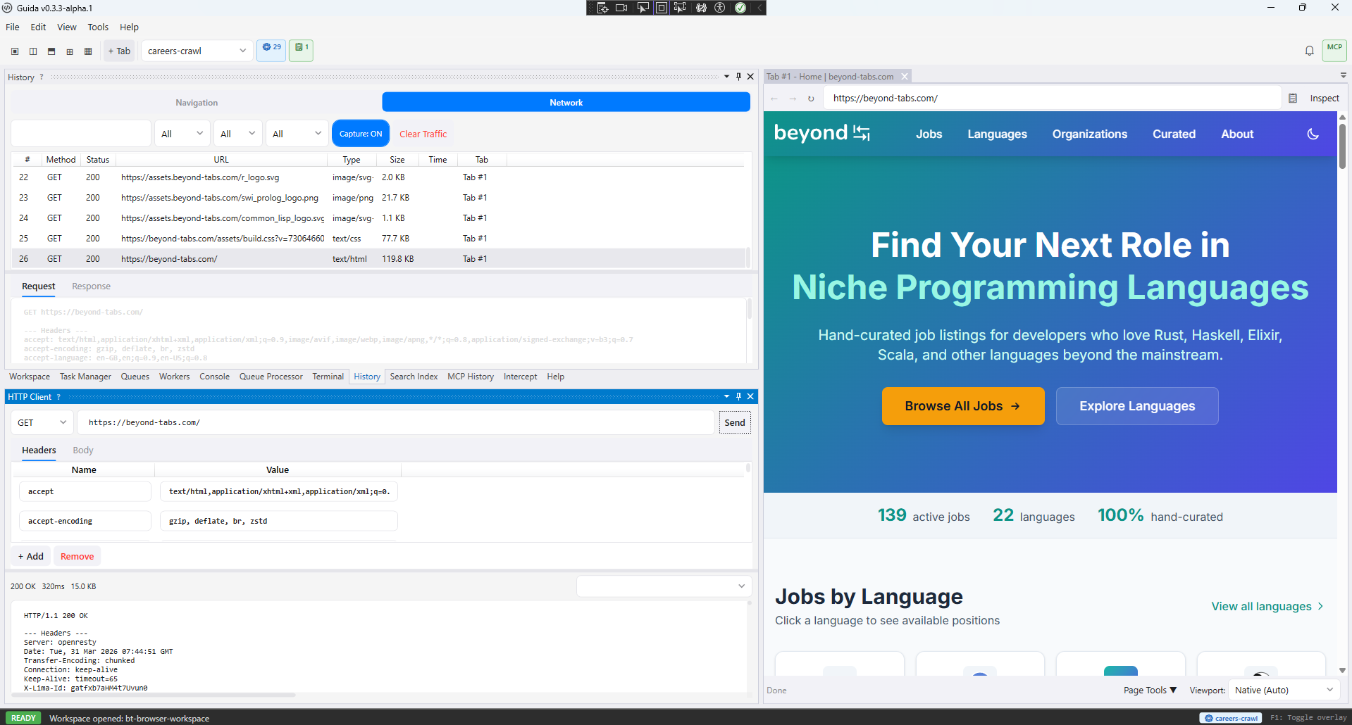 HTTP Client pane showing request editor with method, URL, headers grid, and response viewer