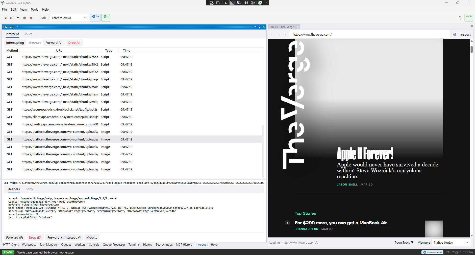 Intercept pane showing paused requests with detail panel, forward/drop/mock actions, and rules tab