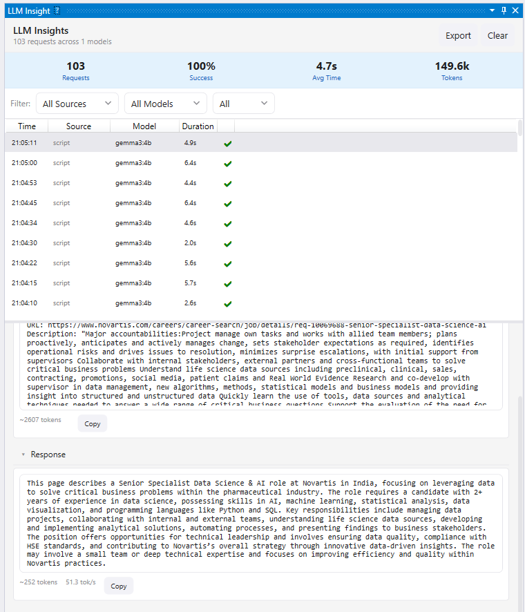 LLM Insights pane showing 103 requests to gemma3:4b with stats, request list, and selected prompt/response detail