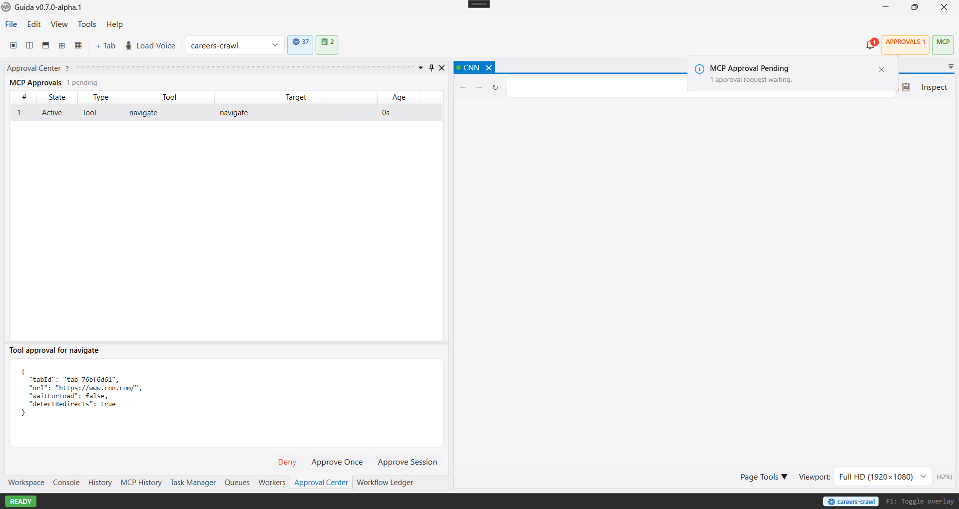 MCP Approval Center showing a pending navigate approval with exact tool parameters and approve or deny actions