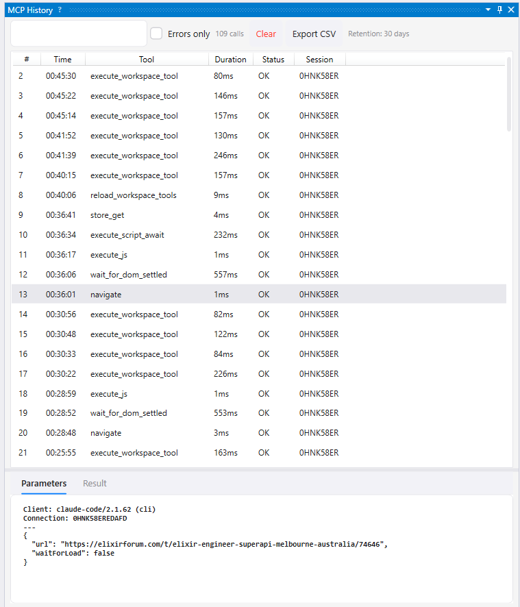 MCP History pane showing audit log with tool calls, durations, statuses, and parameter detail panel