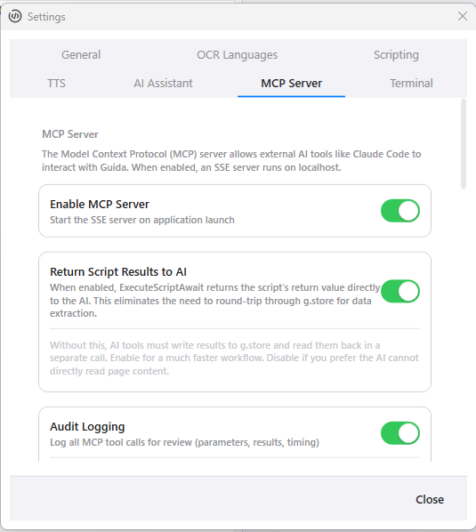 Settings > MCP Server tab showing toggles for Enable MCP Server, Return Script Results to AI, and Audit Logging