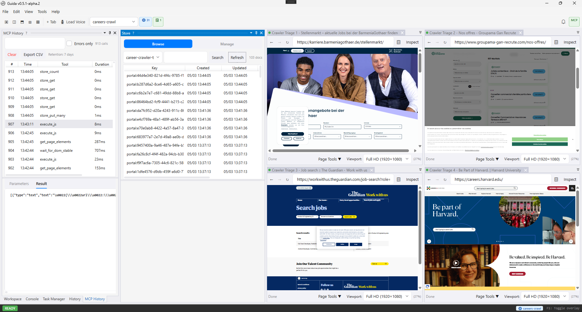 Guida quad layout showing four live browser tabs with MCP History and Store panes visible