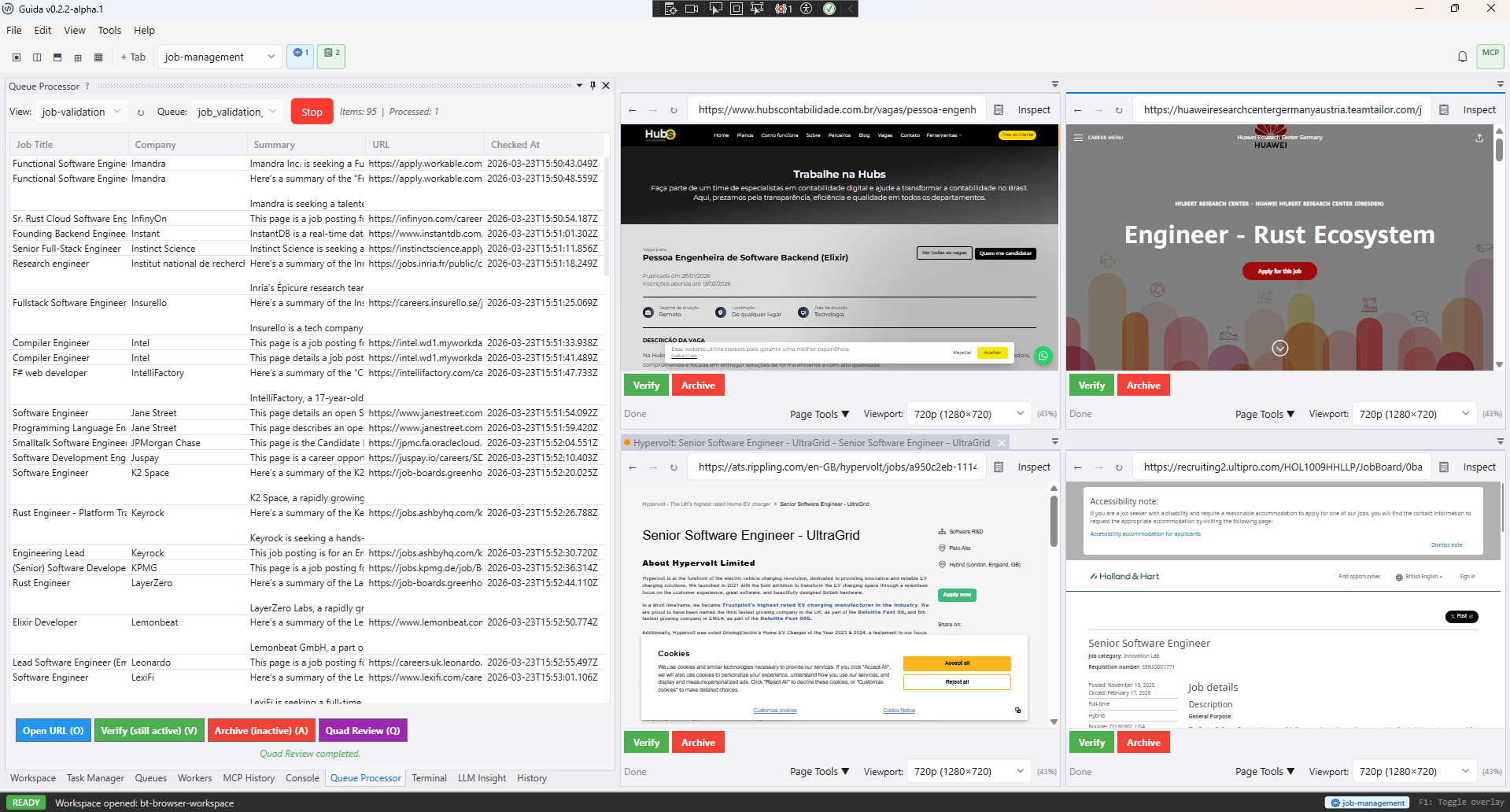Four browser tabs arranged in a quad layout, each showing a different queue item with action buttons