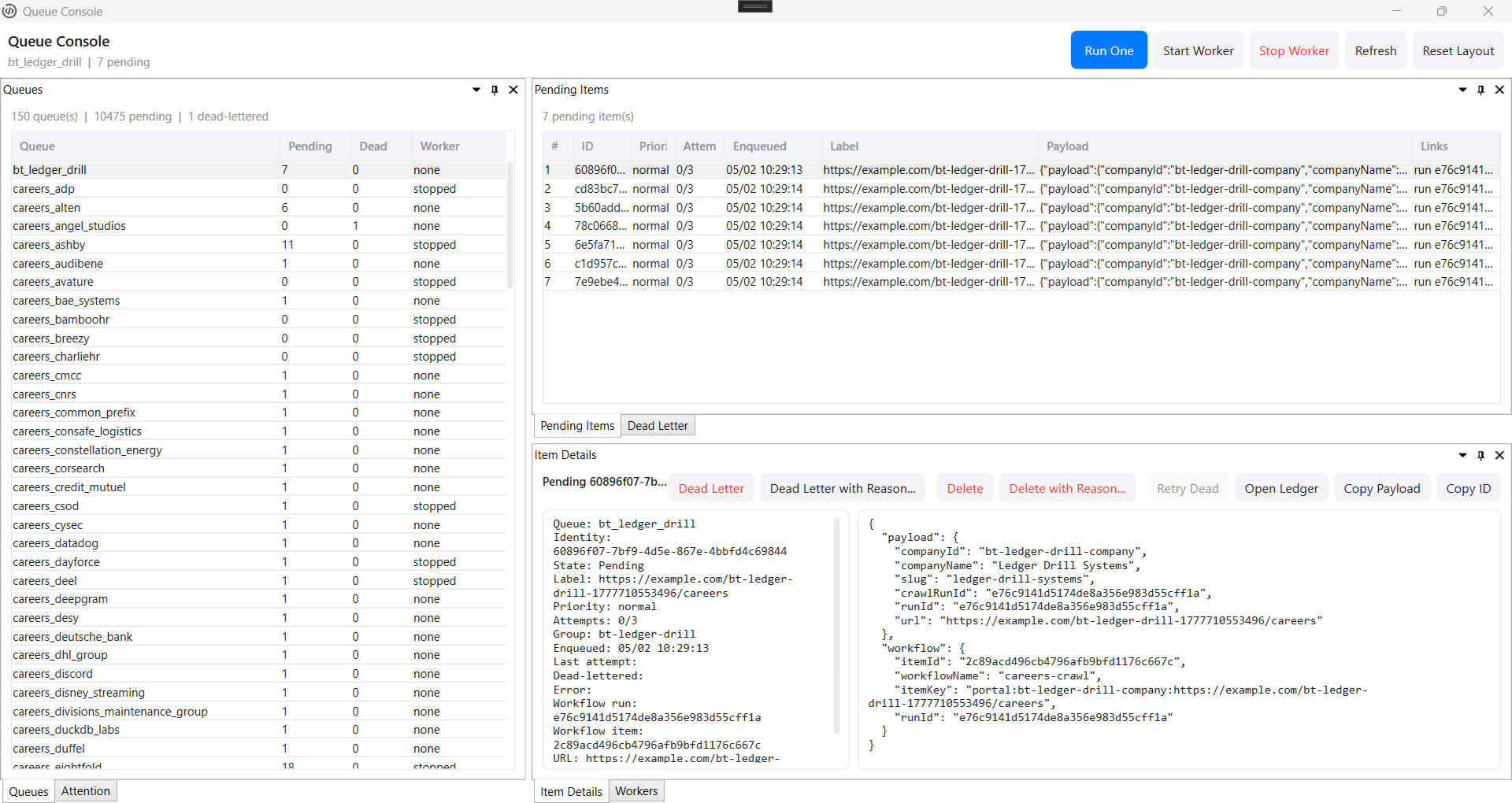 Queue Console showing queue counts, pending items, payload details, worker controls, and triage actions