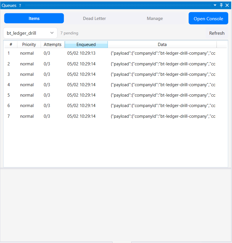 Queues pane showing a selected queue, pending items, and an Open Console button