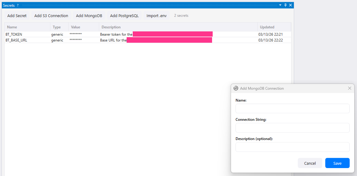 Add MongoDB Connection dialog showing Name, Connection String, and Description fields