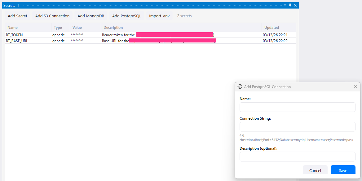 Add PostgreSQL Connection dialog in the Secrets pane, showing Name, Connection String with example placeholder, and Description fields