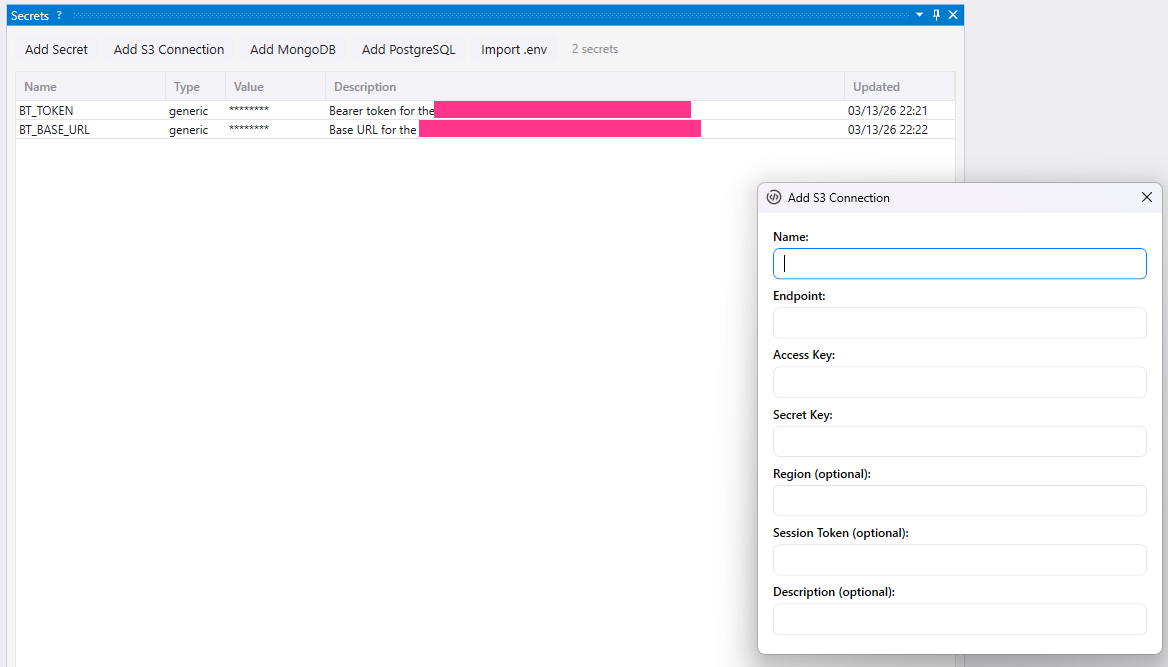 Secrets pane showing existing secrets and the Add S3 Connection dialog with fields for endpoint, access key, secret key, and region