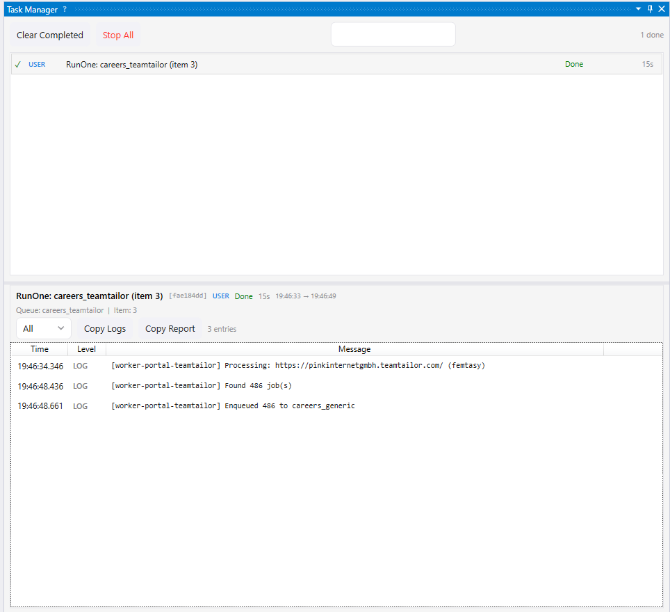 Task Manager pane showing task list with detail panel, per-task logs, and context info