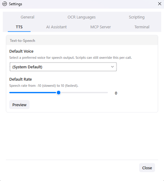 Settings > TTS tab showing Default Voice dropdown, Default Rate slider, and Preview button