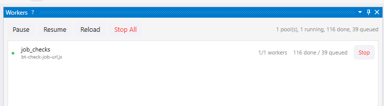 Workers pane showing an active job_checks pool with 116 done and 39 queued items