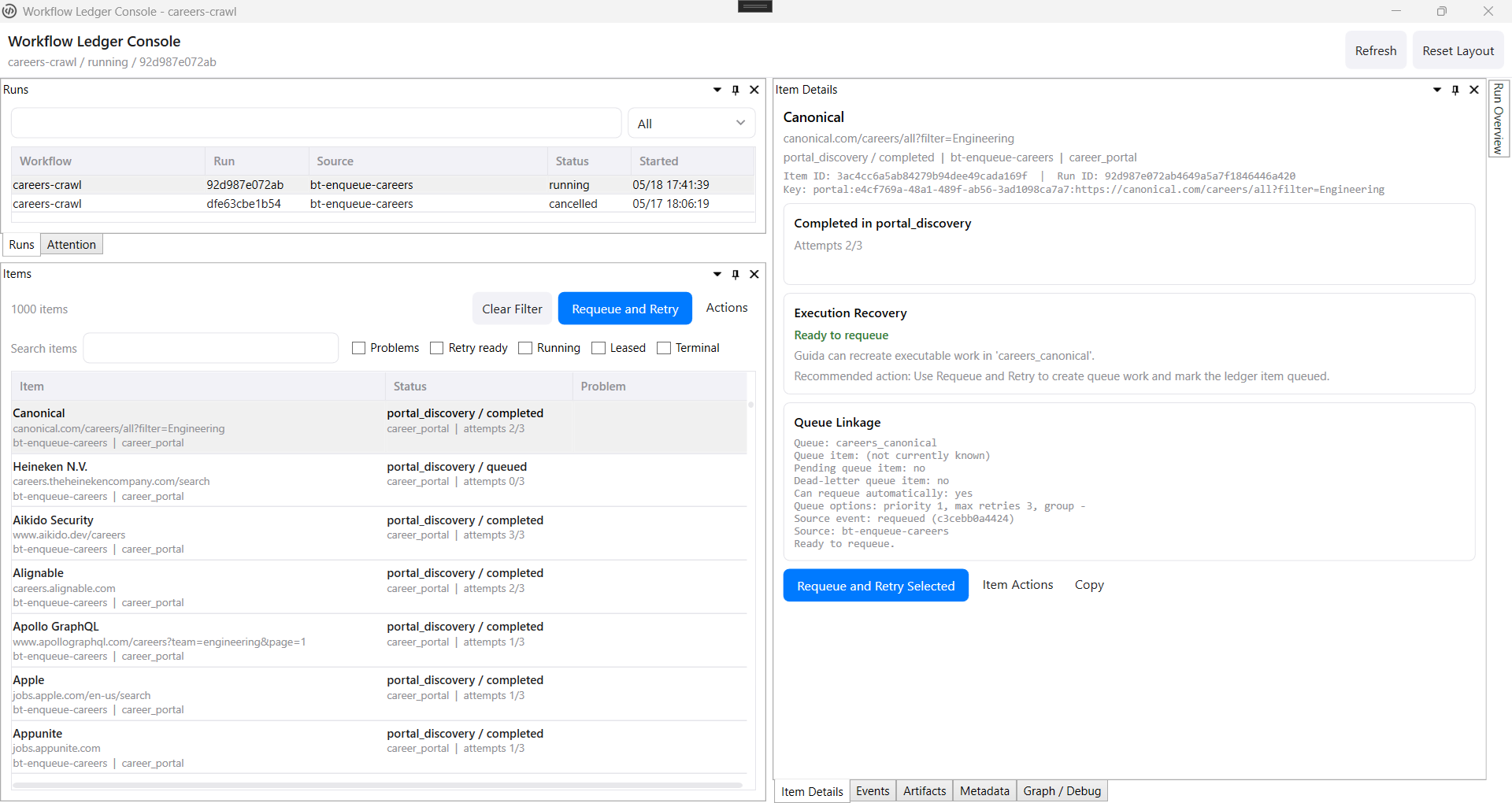 Workflow Ledger Console showing selected run items, details, execution recovery, queue linkage, and event tabs